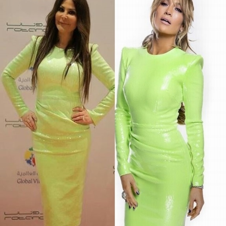 إلى جانب اللون النيون أضاف قماش الترتر مزيداً من اللمعان والإشعاع للإطلالة