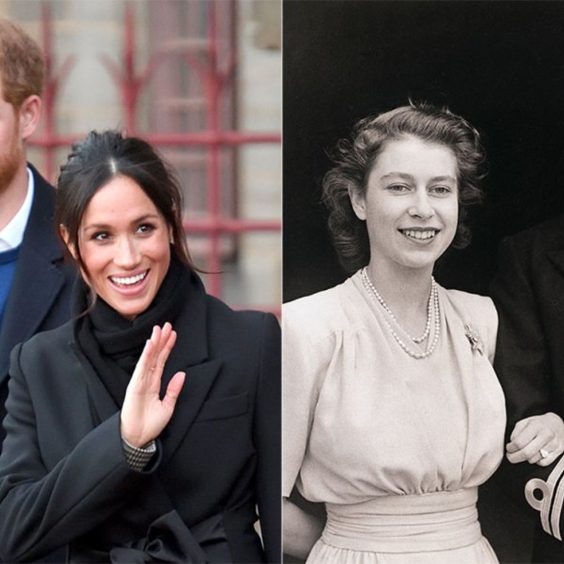 في الصورة الأولى الملكة إليزابيث وزوجها الأمير فيليب.. والثانية الأمير هاري وميغان