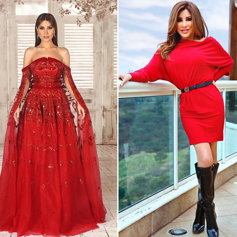 إطلالات كل من النجمتين يارا ونجوى كرم بموضة الفستان الاحمر