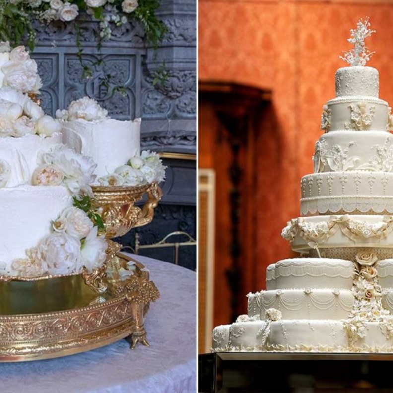 على اليمين كعكة زفاف الأمير ويليام وكيت ميدلتون وعلى اليسار كعكة زفاف الأمير هاري وزوجته ميغان