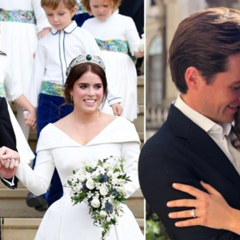 على اليمين الأميرة بياتريس وخطيبها.. وعلى اليسار الأميرة يوجين وزوجها 