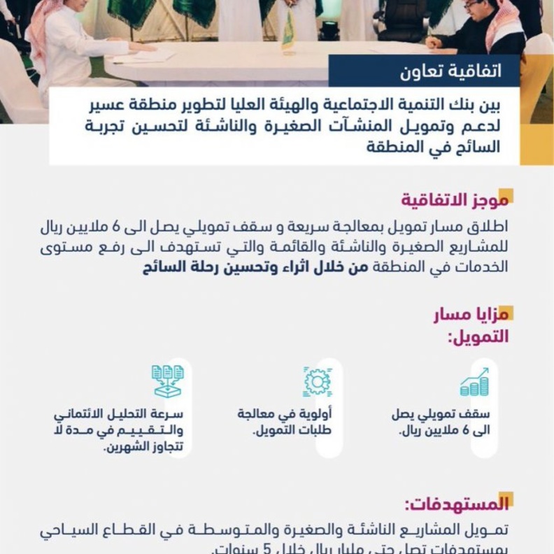  اتفاقية تعاون لتمويل شباب وفتيات منطقة عسير بمليار ريال لدعم القطاع السياحي