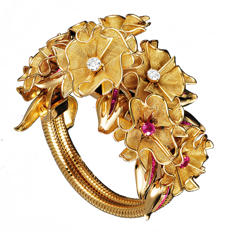 بروش من عام 1939 ، عرض في معرض فان كليف اند اربلز، الوقت، الطبيعة، الحب في ميلانو