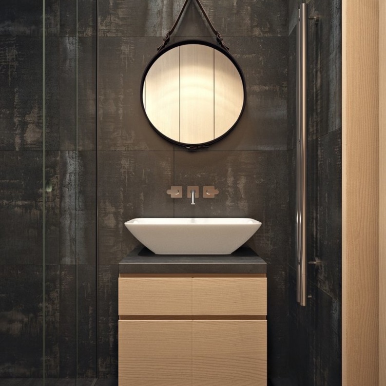 ديكور حمام صغير باللون الأسود الجذاب مع الخشب