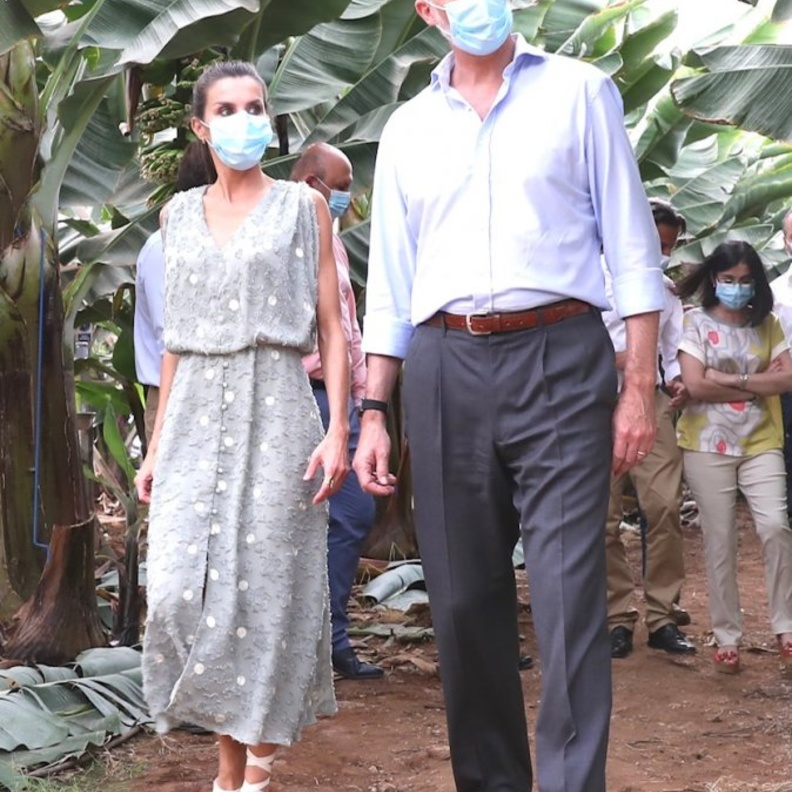  تميّز الفستان بلونه الرمادي وقماش الدانتيل المزيّن بطبعة البولكا دوت