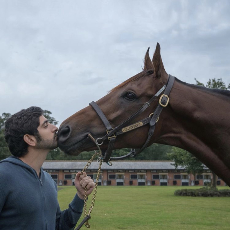 لحظة تقارب جميلة بين الشيخ حمدان والحصان غيّاث الفائز في "جدمونت إنترناشيونال" 