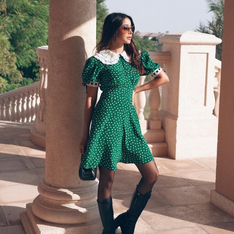  اطلالات اسيل عمران بموضة الفساتين المزخرقة باللون الاخضر