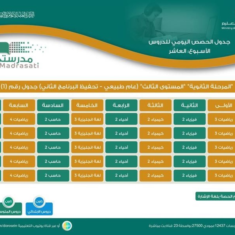 جدول دروس الحصص اليومية لجميع المراحل على قناة عين التعليمية السعودية