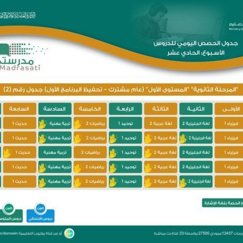 جدول حصص الأسبوع الـ 11 لجميع المراحل التعليمية على قنوات عين