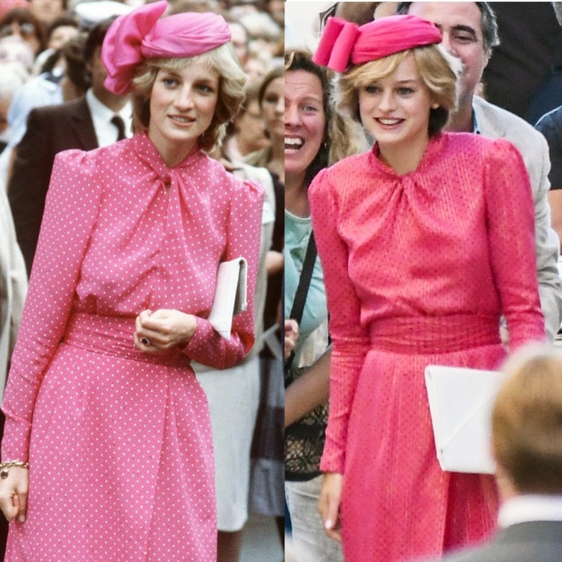  إطلالة ساحرة وخالدة تألقت بها الأميرة ديانا وأعادتها إيما في المسلسل بالفستان الزهري بنقشة البولكا دوت