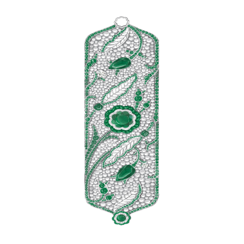 رسم سوار "إزنيق فير" Iznik Vert تتوسطه حجرة زمرد بقطع على شكل الزهرة وبعيار 4.49 قيراط. مرصع بزمردتين بالقطع الإجاصي، الأولى عيار 3.22 قيراط والثانية عيار 3.15 قيراط، وباللؤلؤ والماس.