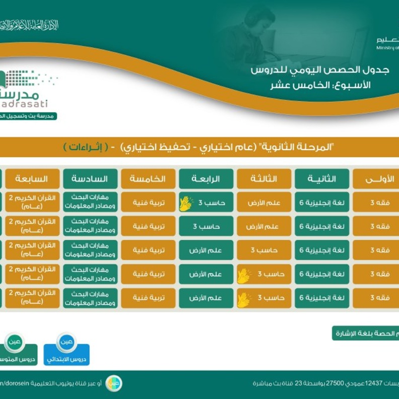 تردد قنوات عين جدول دروس الحصص الاسبوعي لجميع المراحل الاسبوع الخامس عشر