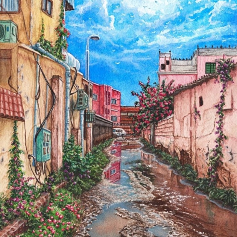  بعد هطول المطر في ابو عريش من لوحات الرسامة بشائر بادخن