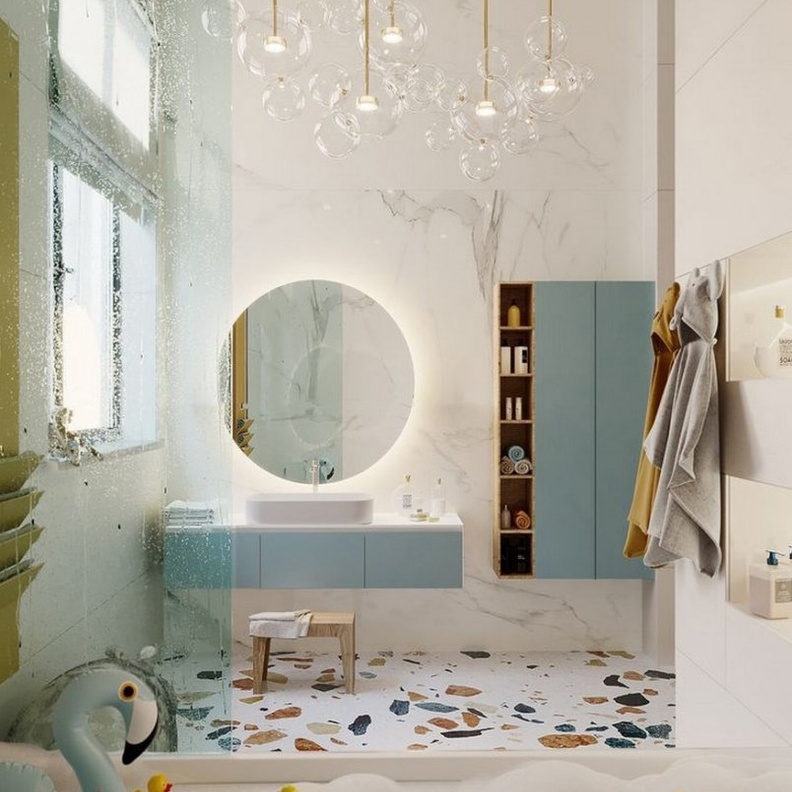 ديكور حمام ملون يطغى عليه الأزرق