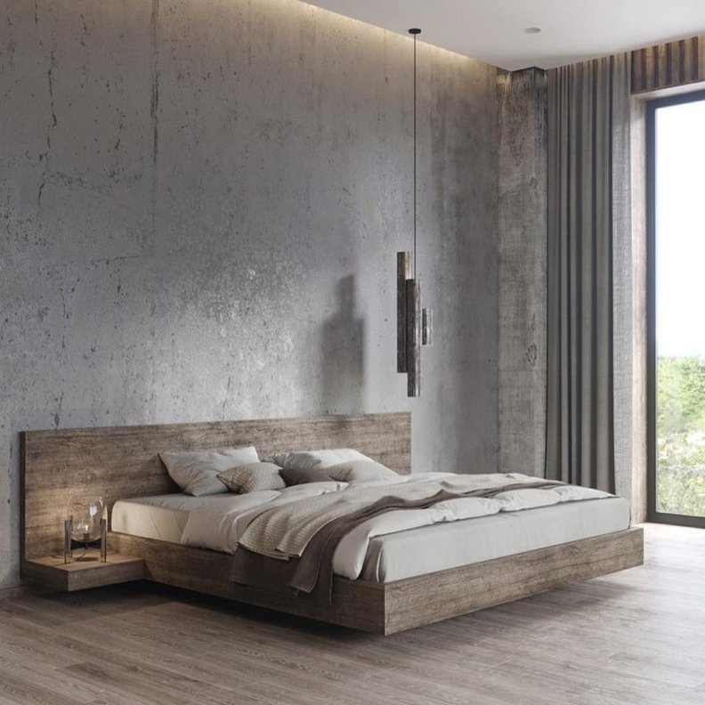  تصميم سرير خشبي ضمن غرفة نوم باللون الرمادي الحيادي