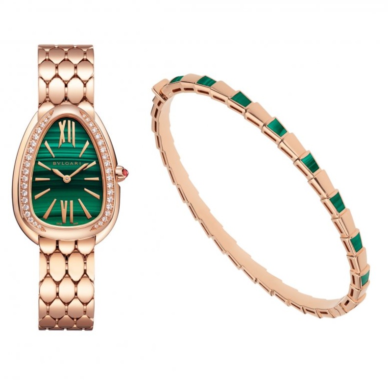 سوار وساعة بلمسة الملاكيت من مجموعة Serpenti