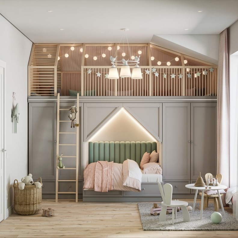 السرير الطابقي جزء من تصميم الخزانة في غرفة أطفال مودرن
