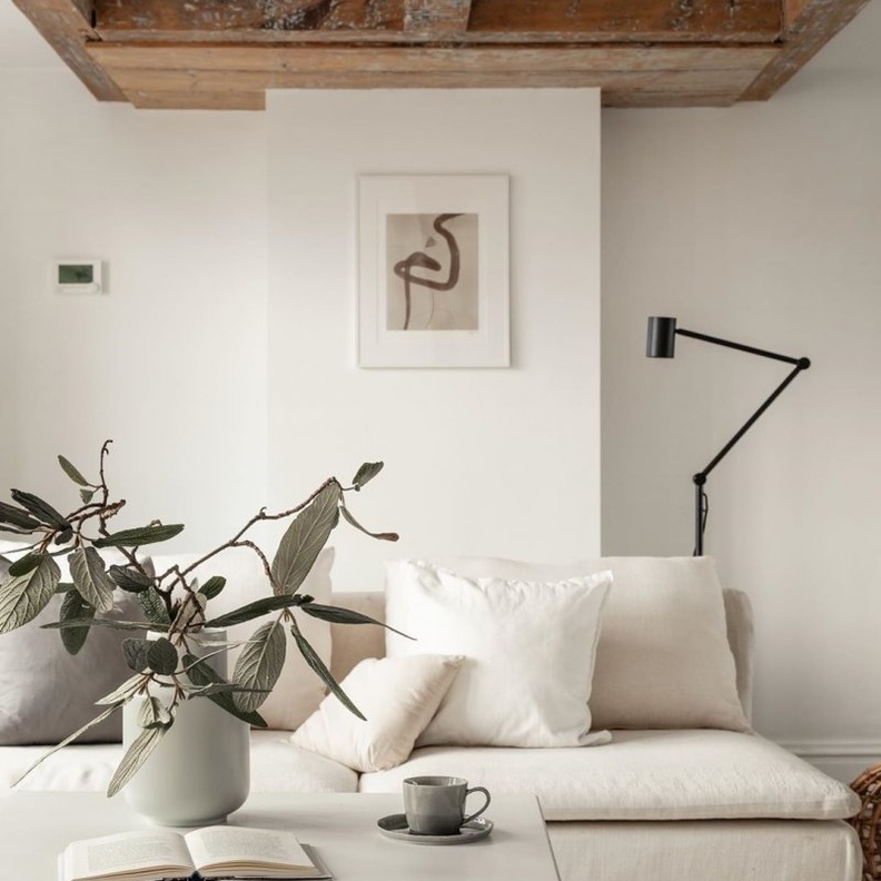 الأبيض الناصع في تصميم أثاث غرفة معيشة بسيطة وعصرية