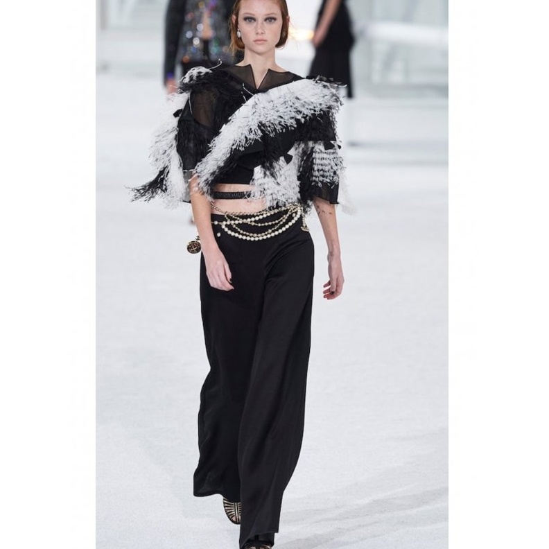 الشيفون الأسود مع لمسات الريش الفاخر بالأبيض والأسود بتصميم فني من CHANEL