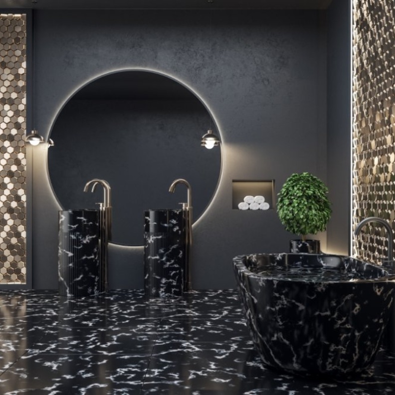  تصميم حمام بالرخام من اللون الأسود مع تفاصيل بالذهبي البراق