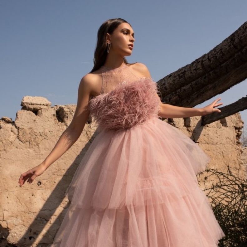 فستان سهرة زاهي مزين بالريش المصدر nadesignsofficial