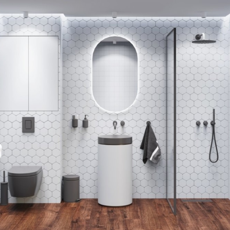 أرضية خشبية تنسجم مع ديكور الحمام بلونه الأبيض الصريح