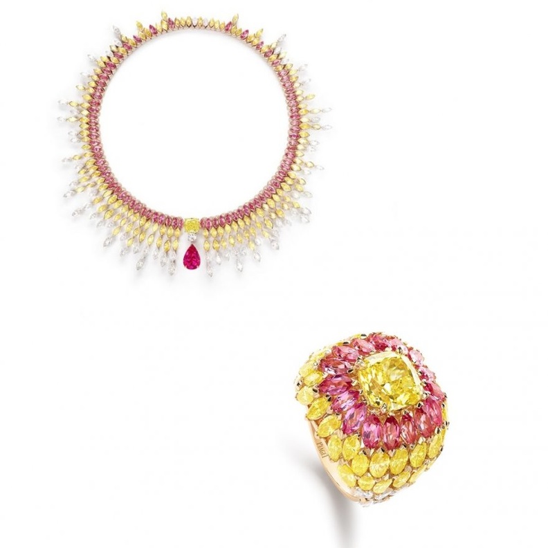 طقم بياجيه من الماس الأبيض والأصفر والاسبنيل الأحمر.