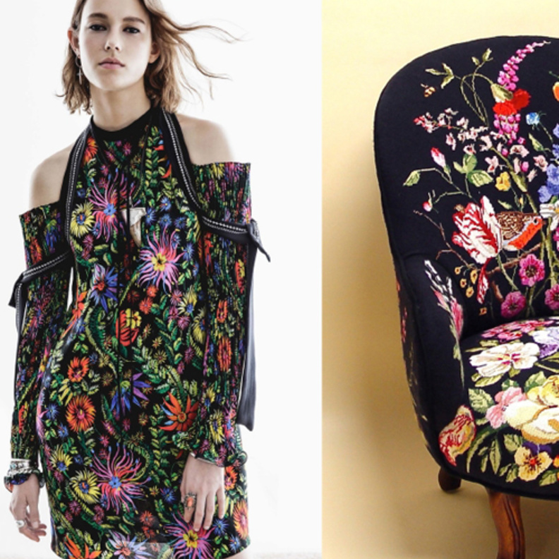الأسود و الزهور بالألوان البراقة في فستان من تصميم فيليب ليم Phillip Lim ينجد به كرسي يليق بغرف الجلوس و الصالونات