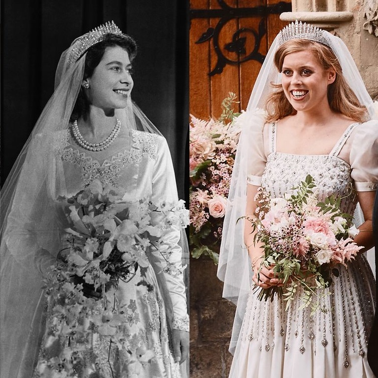 الملكة إليزابيث الثانية وحفيدتها الأميرة بياتريس يرتدين تاج Queen Mary's fringe
