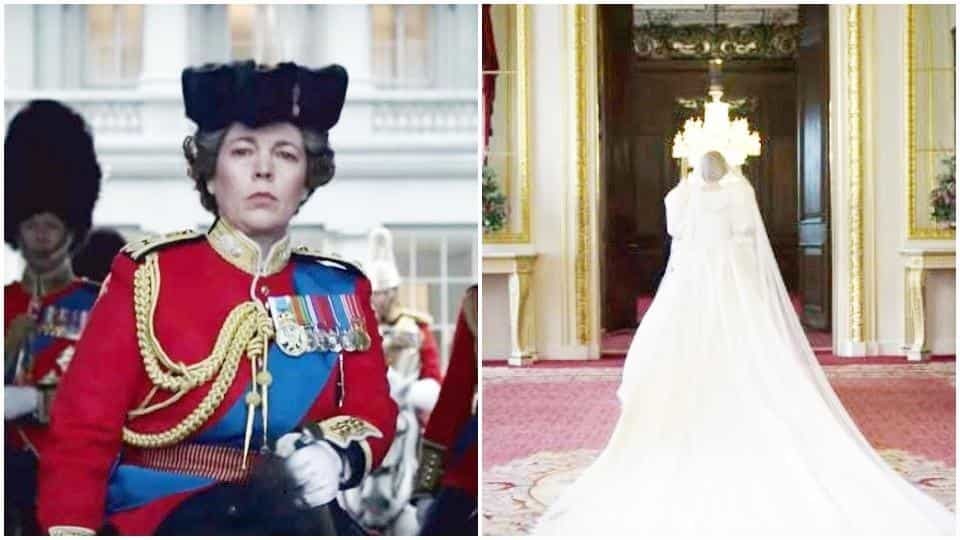 إلى اليمين صورة للممثلة إيما كورين في دور الأميرة دينا وعلي اليسار أوليفيا كولمان والتي تقوم بدور ملكة بريطاينا