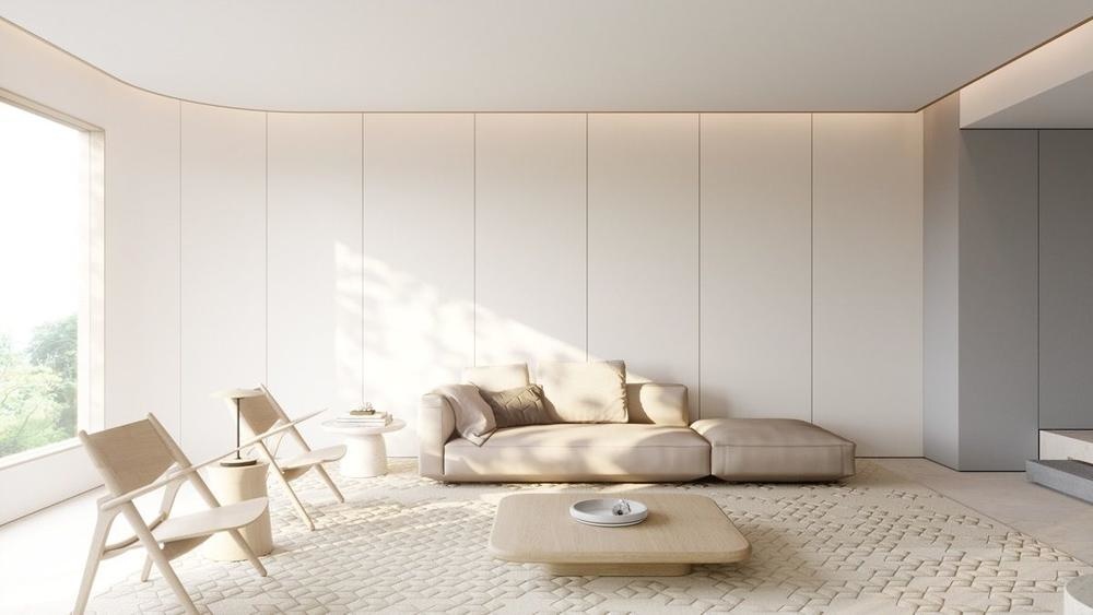 minimalist غرفة معيشة باللون البيج وبطابع 