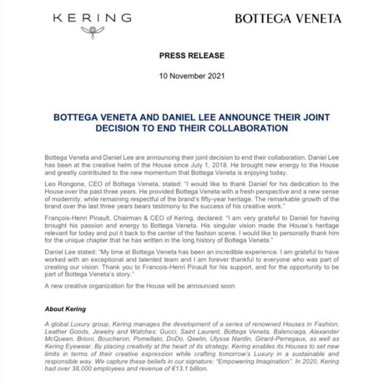 Bottega Veneta ودانييل لي يعلنان قرارهما المشترك بإنهاء تعاونهما